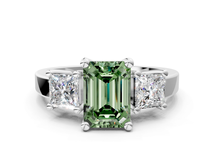 White gold Three-Stone Fancy Green Emerald  Cut Solitaire Ring with Prong Setting
