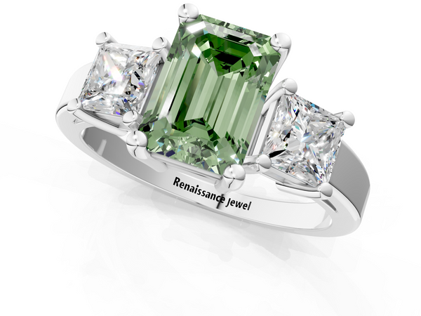 White gold Three-Stone Fancy Green Emerald  Cut Solitaire Ring with Prong Setting