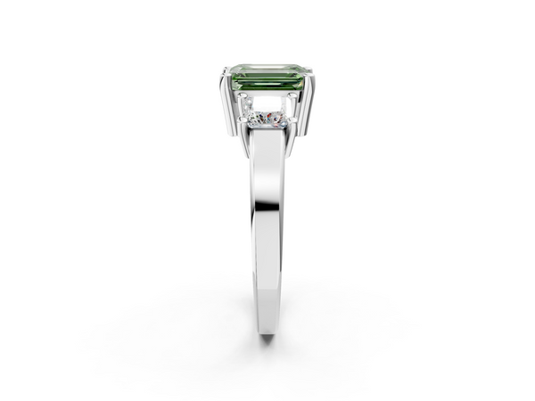White gold Three-Stone Fancy Green Emerald  Cut Solitaire Ring with Prong Setting