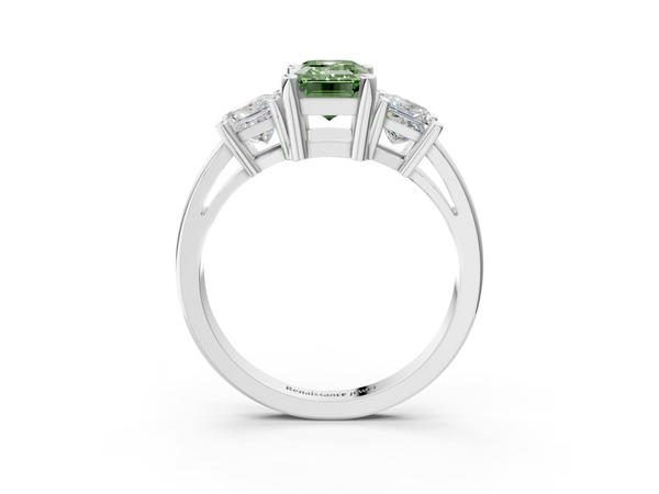 White gold Three-Stone Fancy Green Emerald  Cut Solitaire Ring with Prong Setting