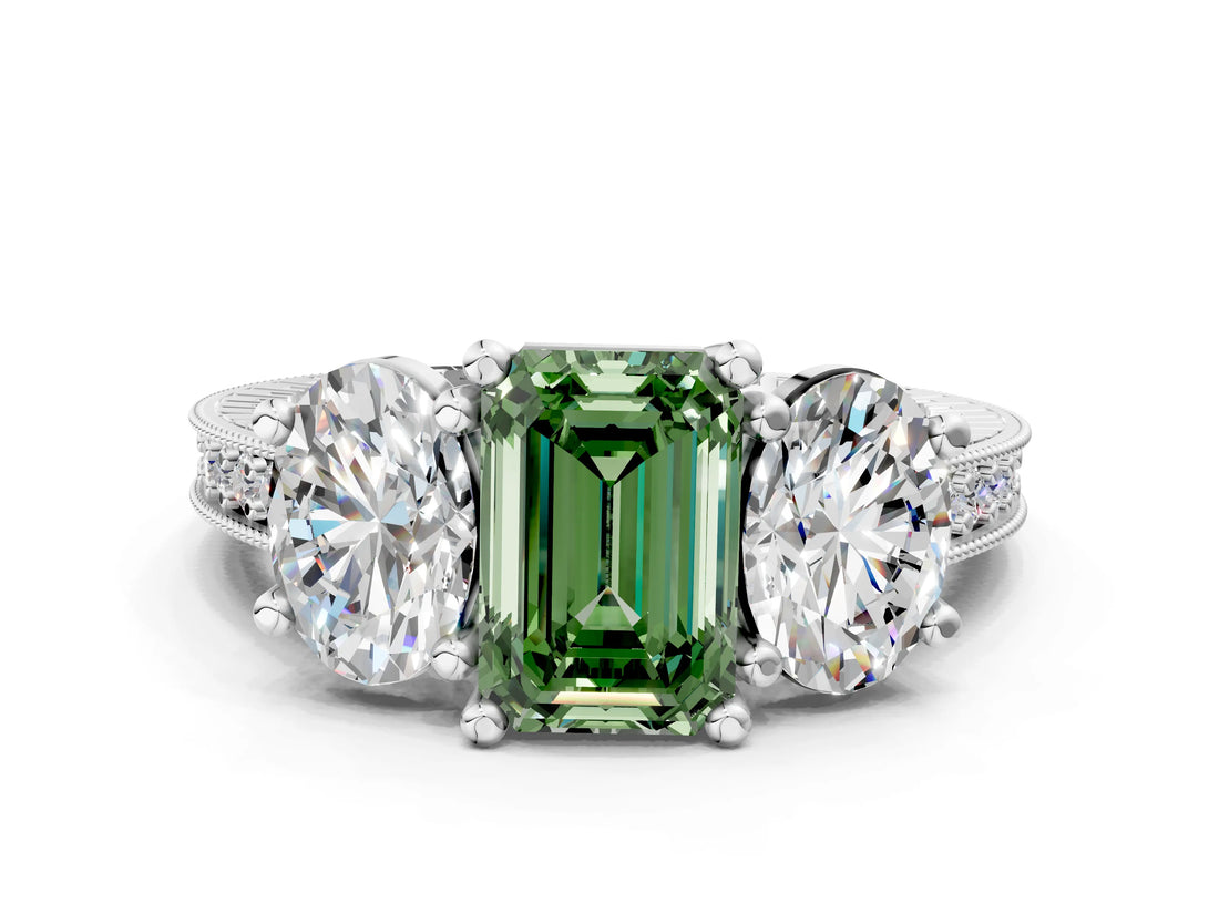 White gold Three-Stone Fancy Green Emerald  Diamond Milgrain Pave Band with Prong Setting 1