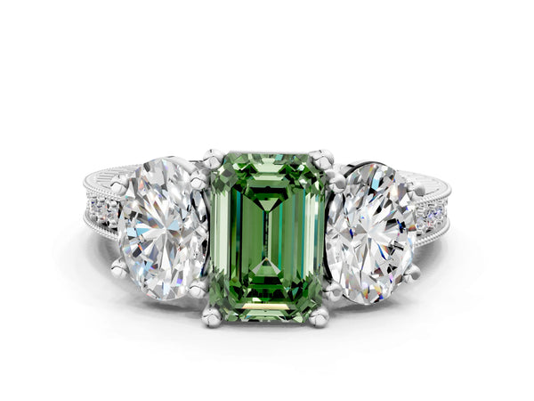 White gold Three-Stone Fancy Green Emerald  Diamond Milgrain Pave Band with Prong Setting