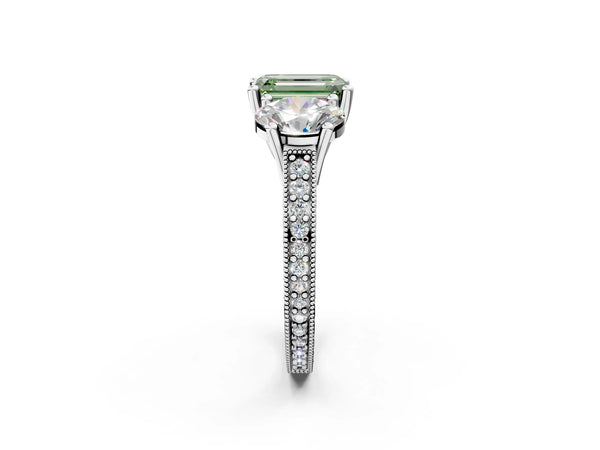 White gold Three-Stone Fancy Green Emerald  Diamond Milgrain Pave Band with Prong Setting