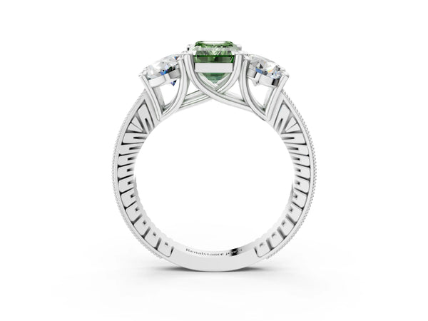 White gold Three-Stone Fancy Green Emerald  Diamond Milgrain Pave Band with Prong Setting