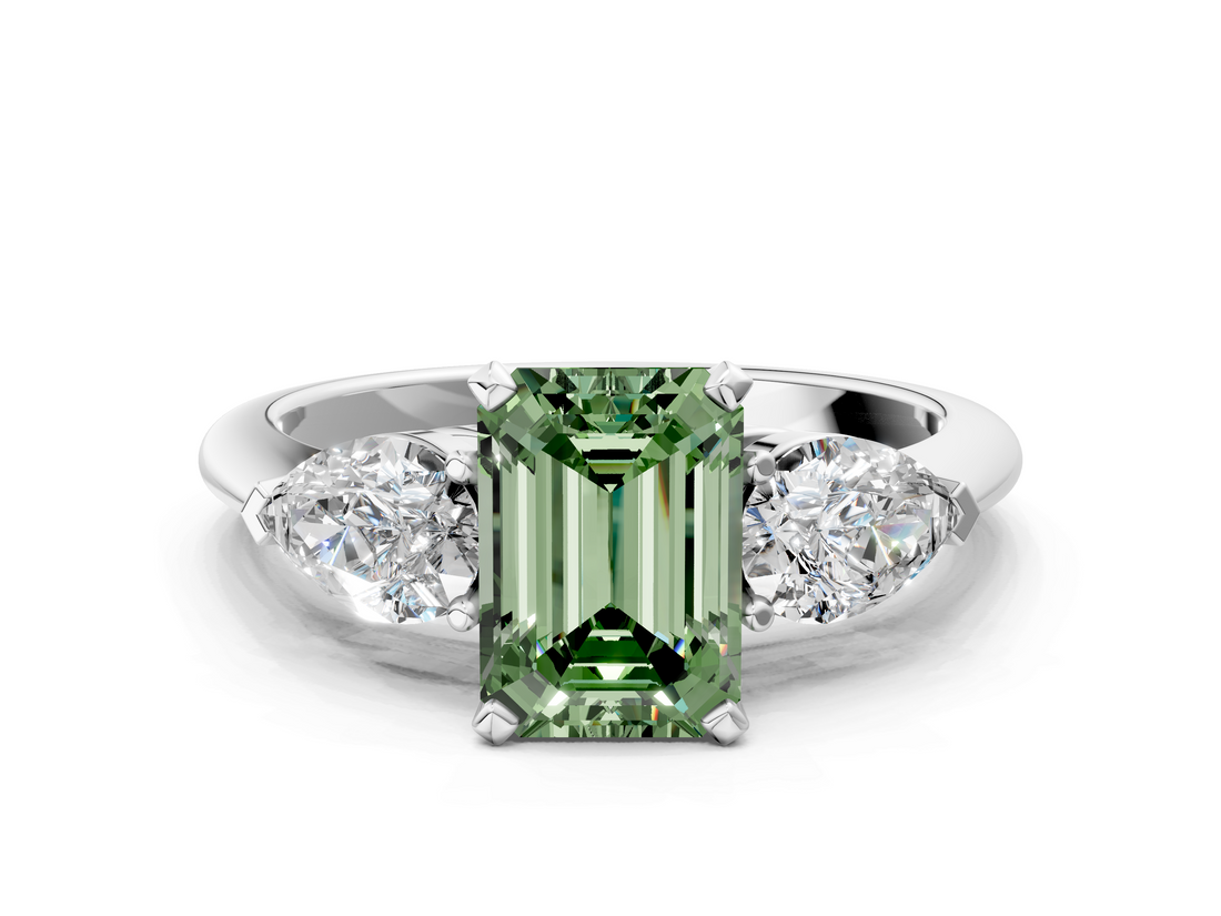 White gold Three-Stone Fancy Green Emerald  Diamond Ring with Pear Side Stones in Four-Prong Setting_64
