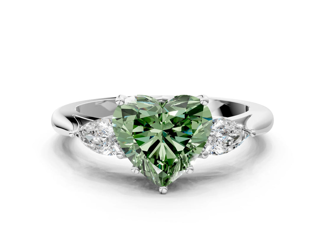 White gold Three-Stone Fancy Green Heart Cut Brilliant Diamond Solitaire Ring with Tapered Band and Four-Prong Setting_37