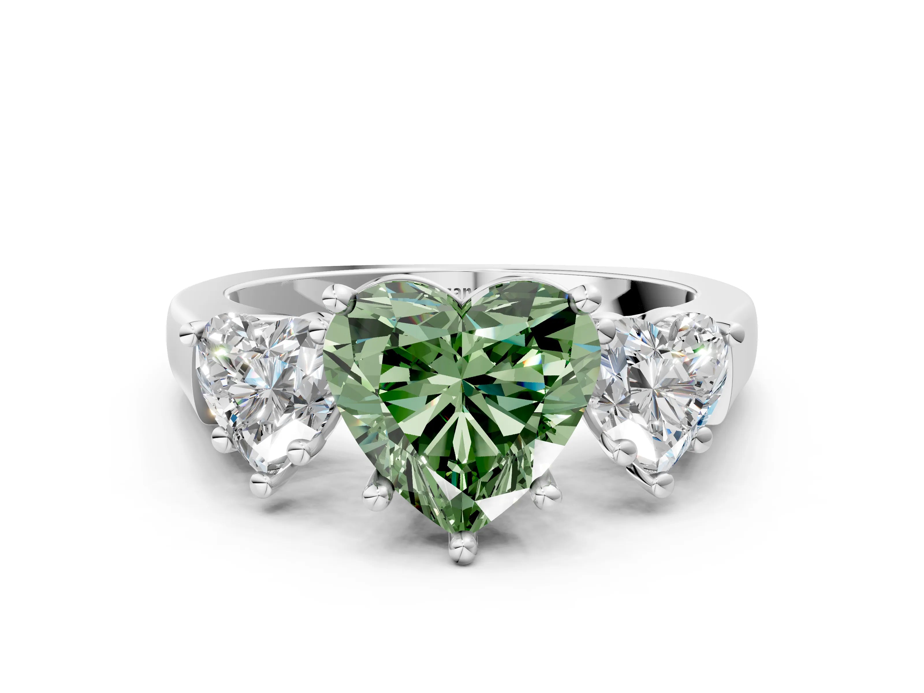 White gold Three-Stone Fancy Green Heart Cut Brilliant Diamond Trellis Ring with Comfort Fit Band_12