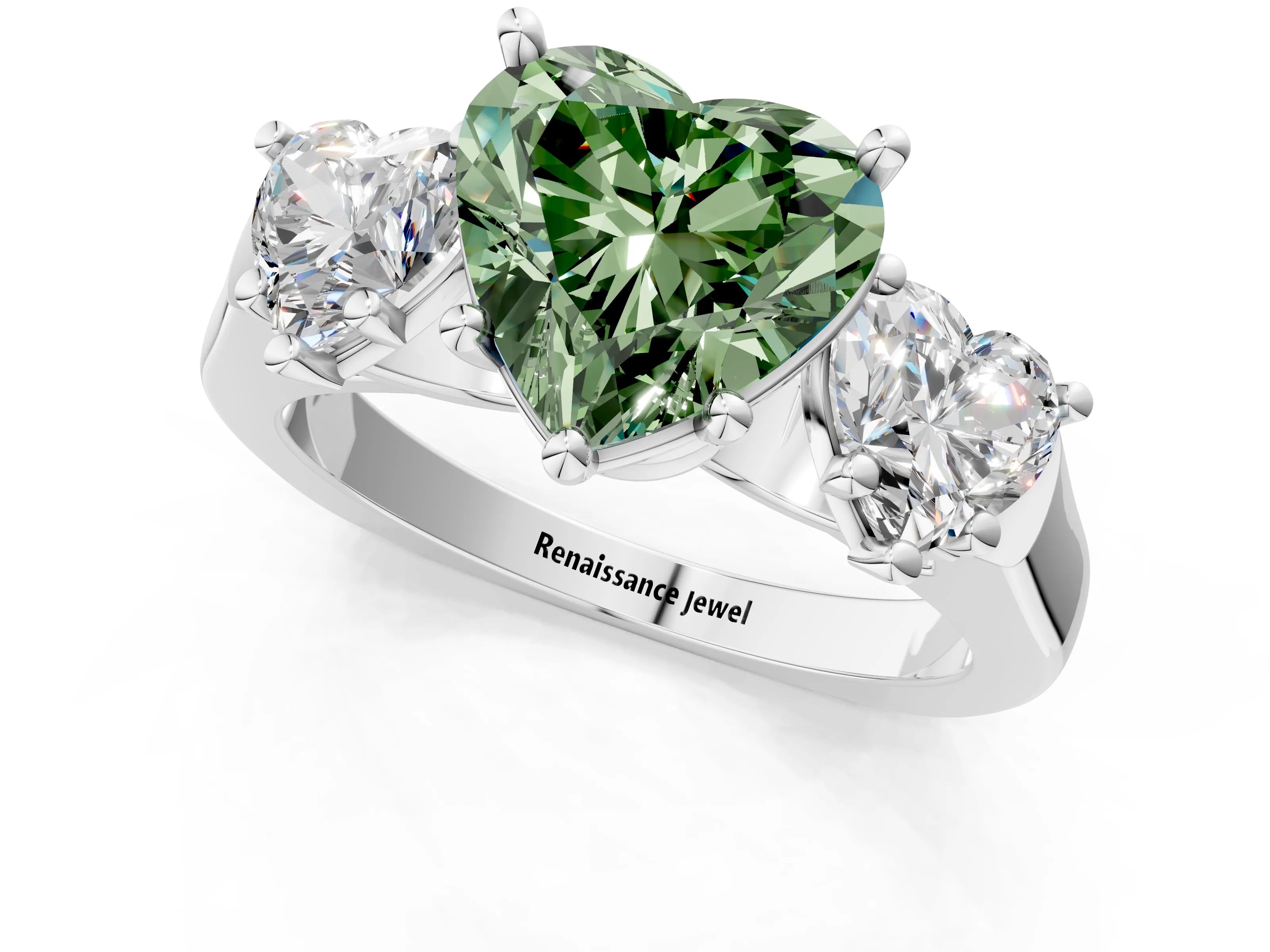 White gold Three-Stone Fancy Green Heart Cut Brilliant Diamond Trellis Ring with Comfort Fit Band_13