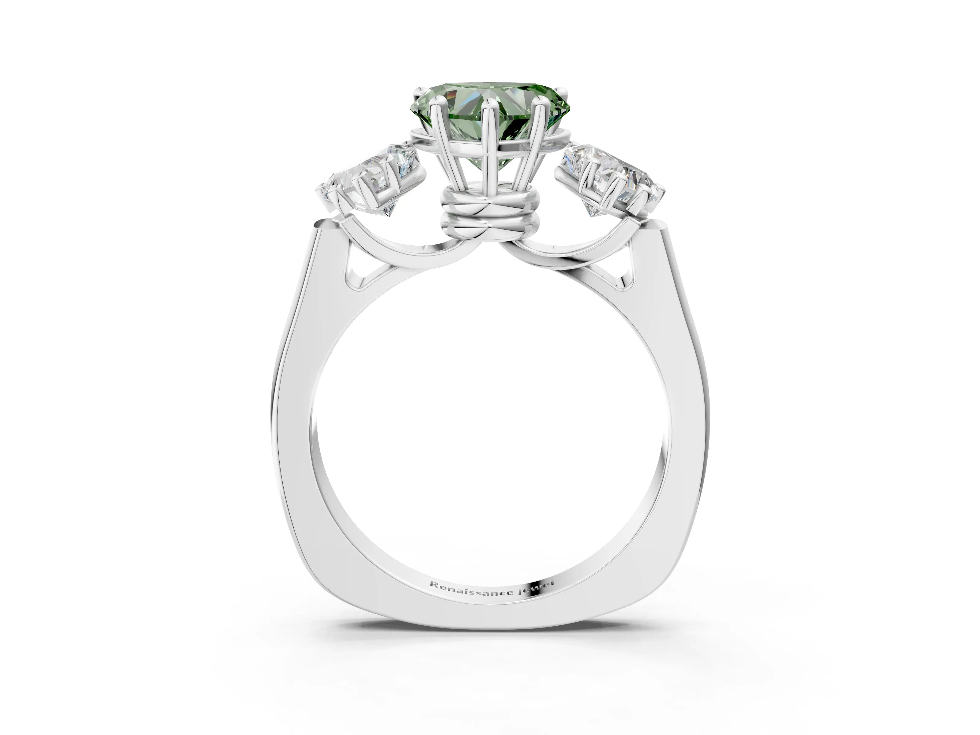White gold Three-Stone Fancy Green Heart Cut Brilliant Diamond Trellis Ring with Comfort Fit Band_15