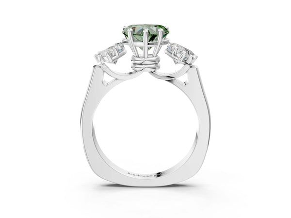 White gold Three-Stone Fancy Green Heart Cut Brilliant Diamond Trellis Ring with Comfort Fit Band