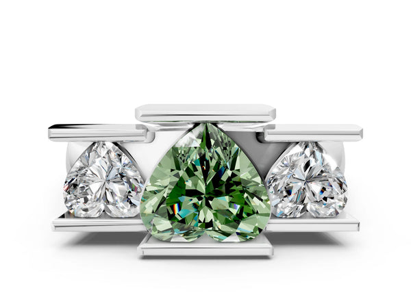 White gold Three Stone Fancy Green Heart Cut Cut Channel Set Diamond Ring
