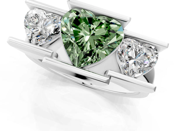 White gold Three Stone Fancy Green Heart Cut Cut Channel Set Diamond Ring