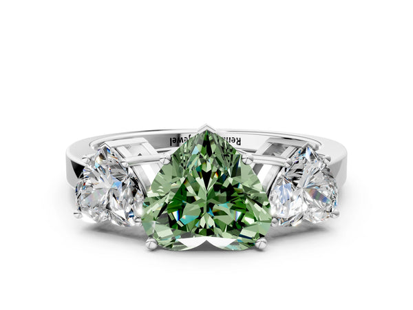 White gold Three-Stone Fancy Green Heart Cut Cut Diamond Engagement Ring with Flat Band and Four-Prong Setting