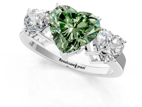 White gold Three-Stone Fancy Green Heart Cut Cut Diamond Engagement Ring with Flat Band and Four-Prong Setting