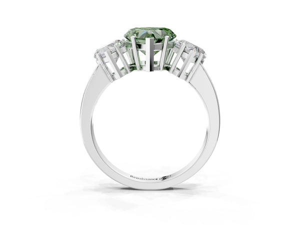 White gold Three-Stone Fancy Green Heart Cut Cut Diamond Engagement Ring with Flat Band and Four-Prong Setting