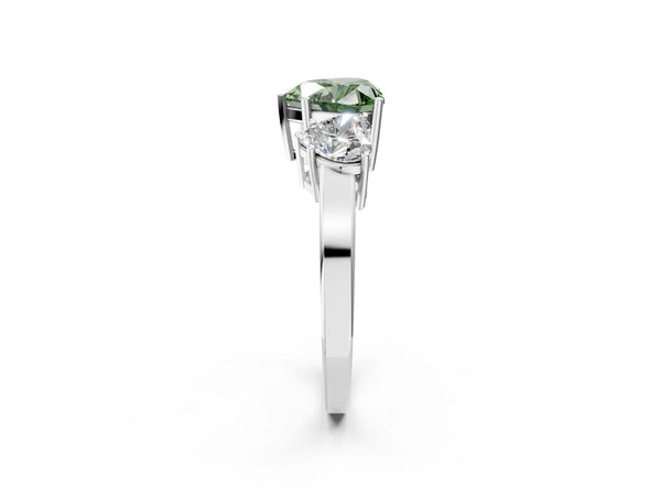 White gold Three-Stone Fancy Green Heart Cut Cut Diamond Engagement Ring with Flat Band and Four-Prong Setting