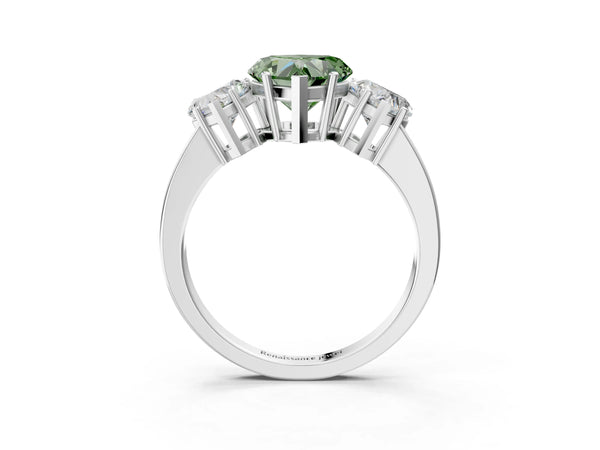 White gold Three-Stone Fancy Green Heart Cut Cut Diamond Engagement Ring with Flat Band and Four-Prong Setting