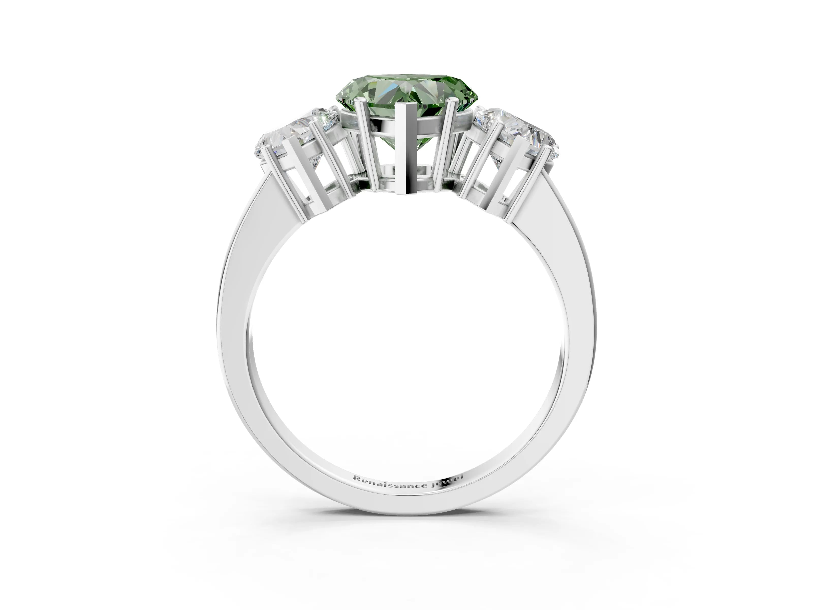 White gold Three-Stone Fancy Green Heart Cut Cut Diamond Engagement Ring with Flat Band and Four-Prong Setting_3