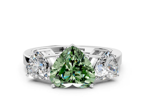 White gold Three-Stone Fancy Green Heart Cut Cut Diamond Engagement Ring with Flat Band and Four-Prong Setting
