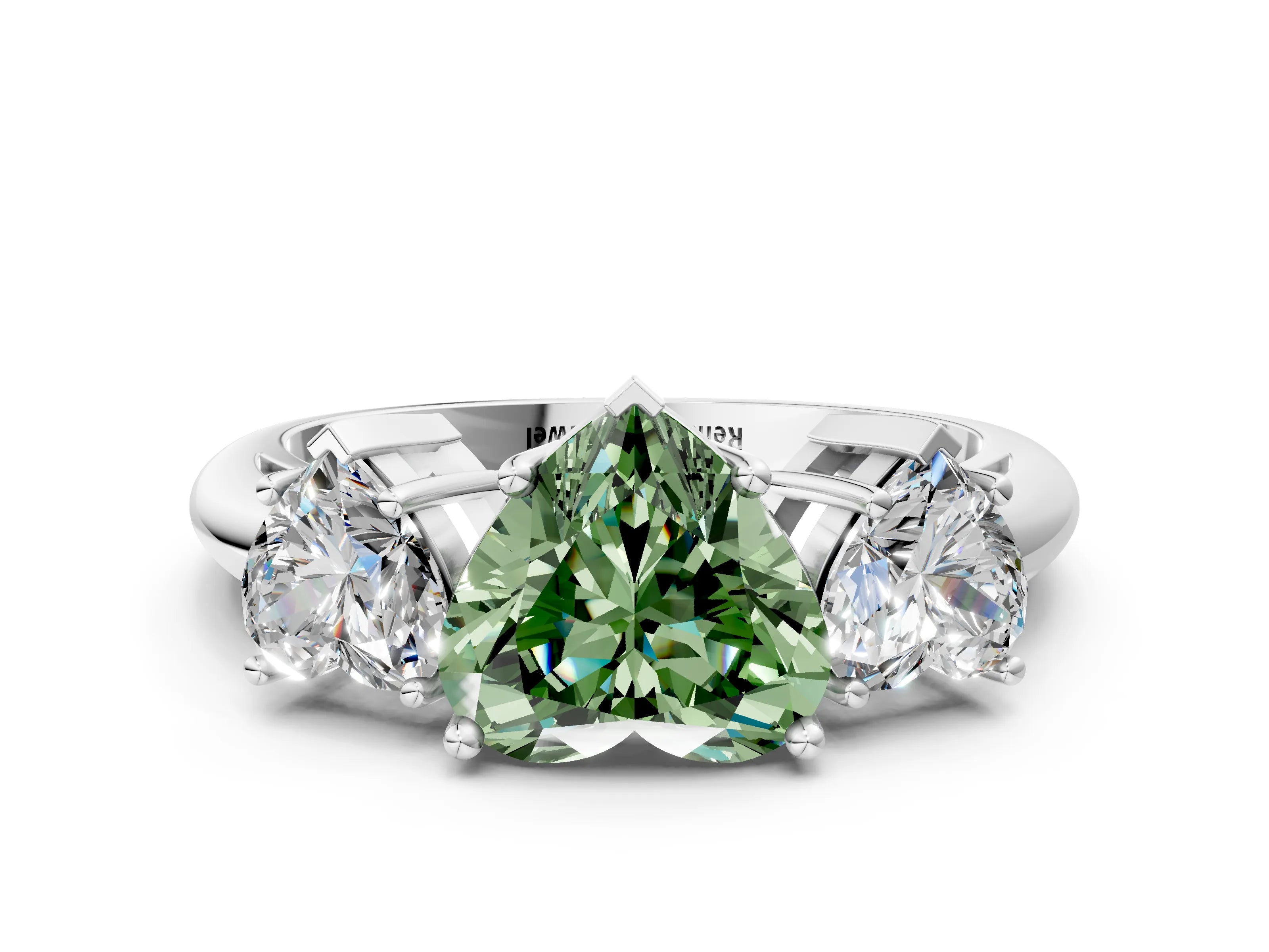 White gold Three-Stone Fancy Green Heart Cut Cut Diamond Engagement Ring with Prong Setting on a White Gold Band_12