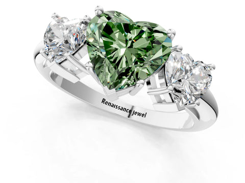 White gold Three-Stone Fancy Green Heart Cut Cut Diamond Engagement Ring with Prong Setting on a White Gold Band_13