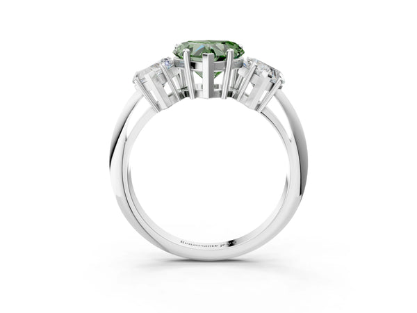 White gold Three-Stone Fancy Green Heart Cut Cut Diamond Engagement Ring with Prong Setting on a White Gold Band