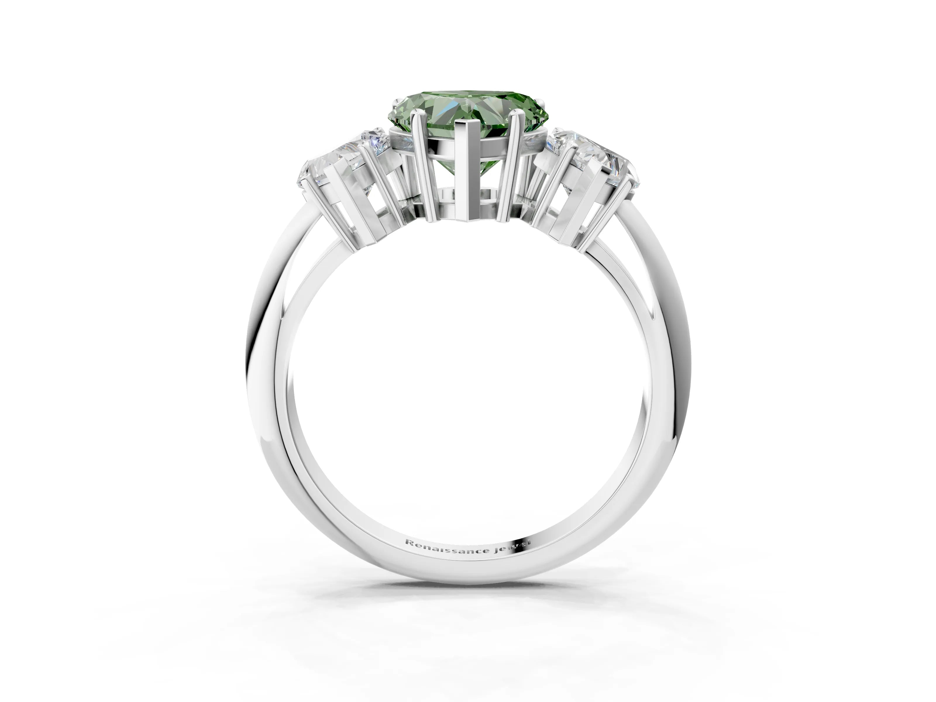 White gold Three-Stone Fancy Green Heart Cut Cut Diamond Engagement Ring with Prong Setting on a White Gold Band_15