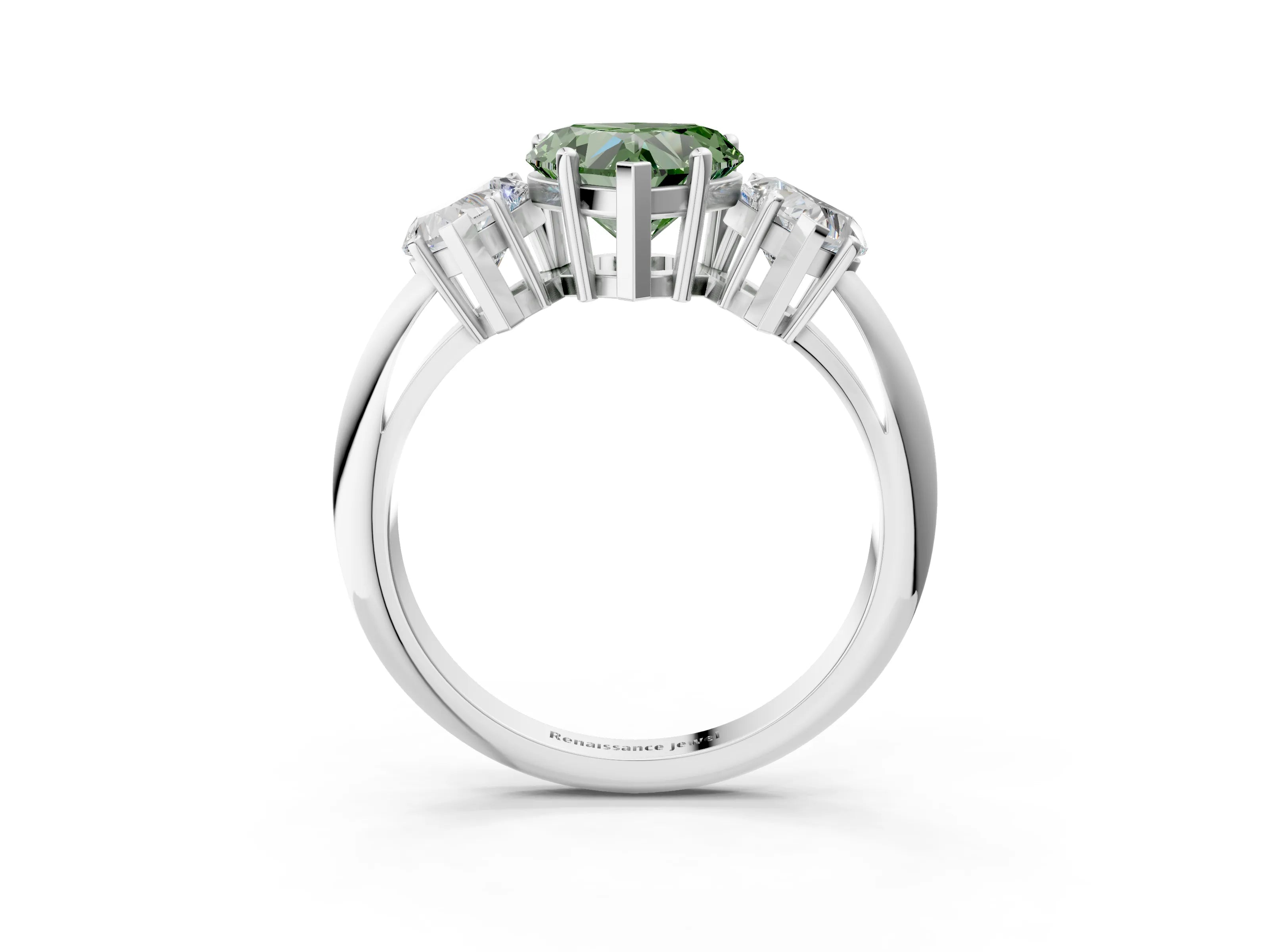 White gold Three-Stone Fancy Green Heart Cut Cut Diamond Engagement Ring with Prong Setting on a White Gold Band_15