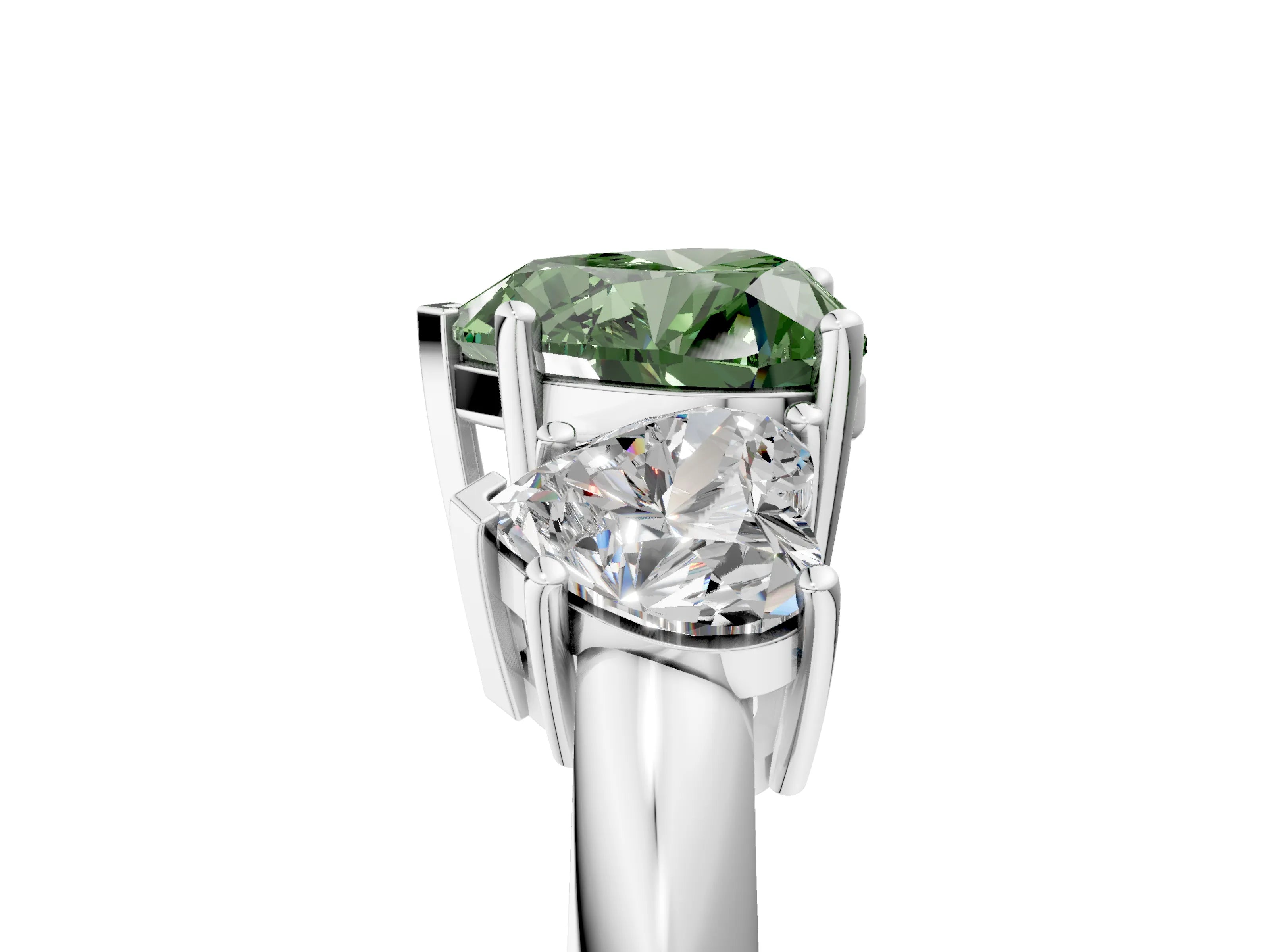 White gold Three-Stone Fancy Green Heart Cut Cut Diamond Engagement Ring with Prong Setting on a White Gold Band_17