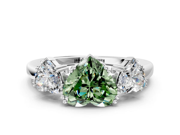 Platinum Three-Stone Fancy Green Heart Cut Cut Diamond Ring with Channel Set Band and Four-Prong Setting
