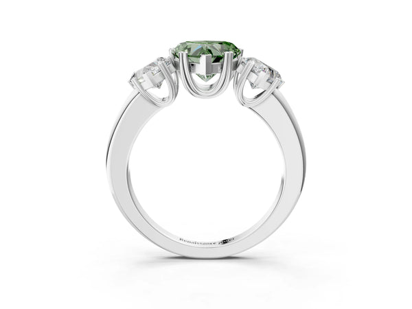 Platinum Three-Stone Fancy Green Heart Cut Cut Diamond Ring with Channel Set Band and Four-Prong Setting