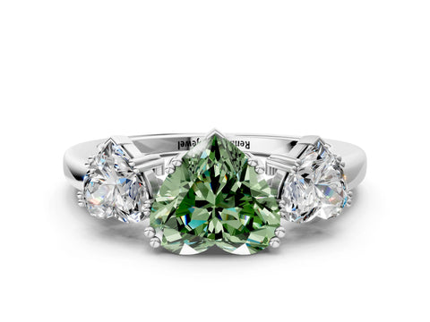 White gold Three-Stone Fancy Green Heart Cut Cut Diamond Ring with Channel Set Band and Four-Prong Setting