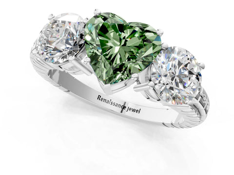 White gold Three-Stone Fancy Green Heart Cut Cut Diamond Ring with Channel-Set Band and Prong Setting_1