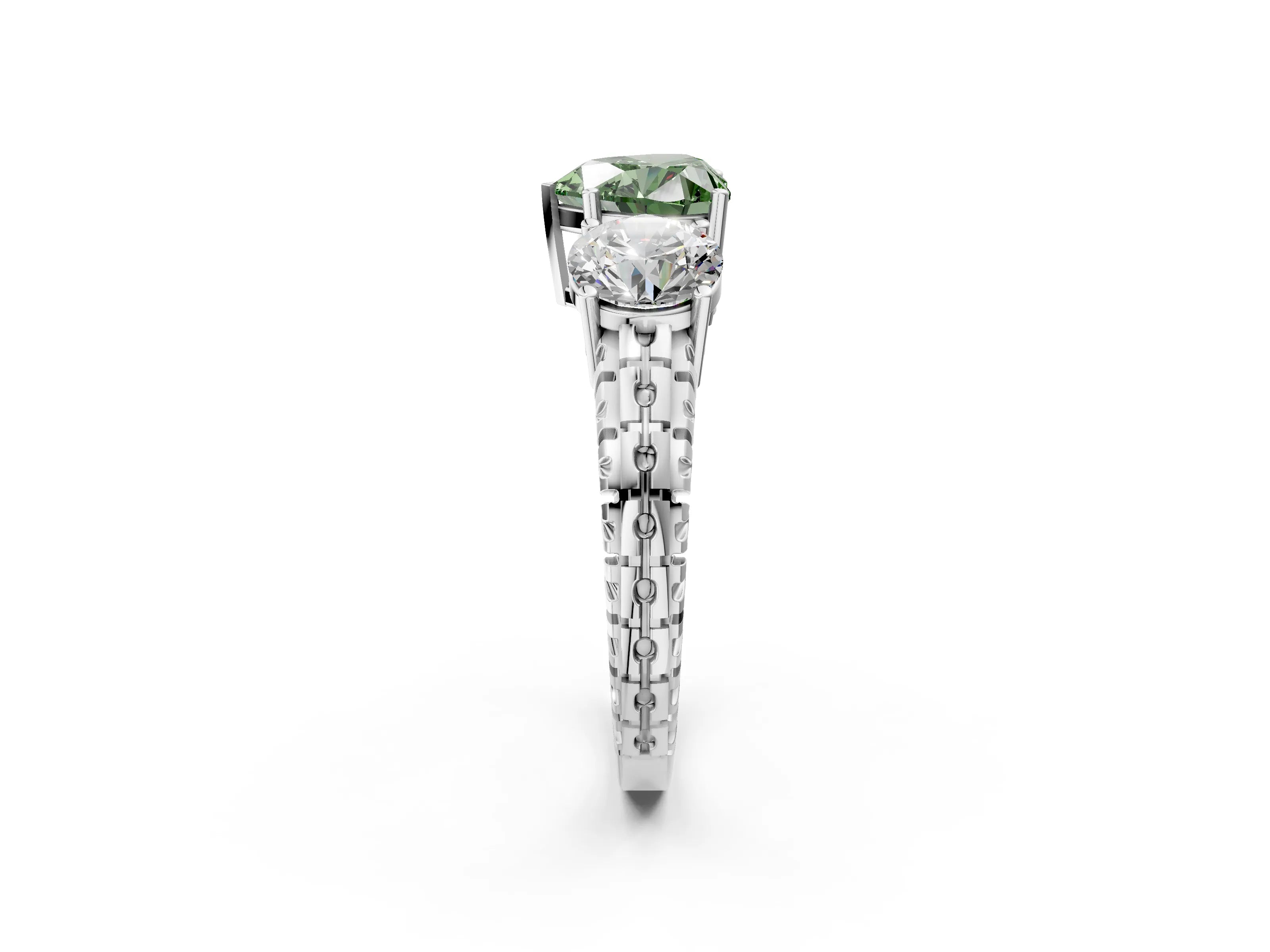 White gold Three-Stone Fancy Green Heart Cut Cut Diamond Ring with Channel-Set Band and Prong Setting_2