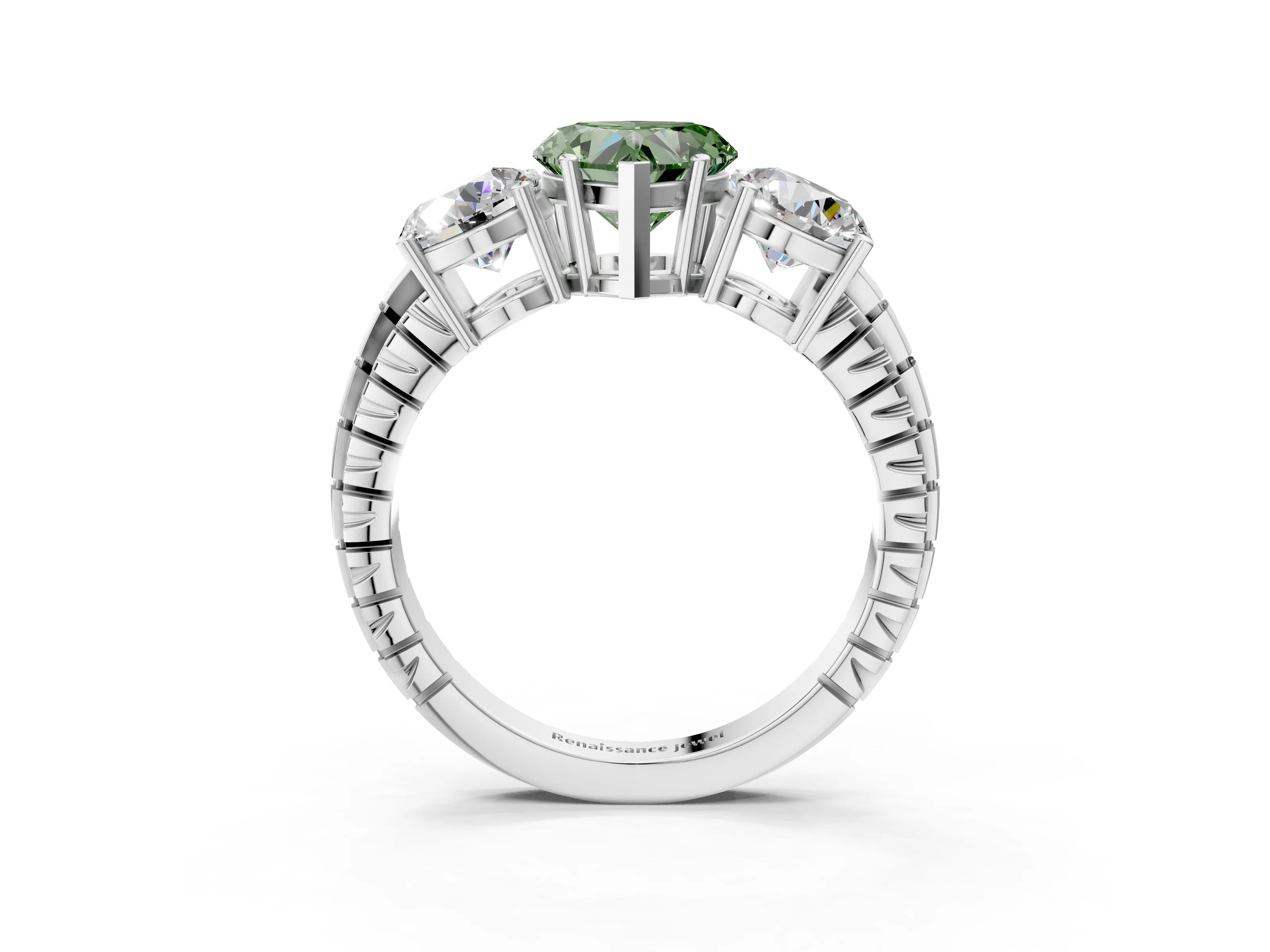 White gold Three-Stone Fancy Green Heart Cut Cut Diamond Ring with Channel-Set Band and Prong Setting_3