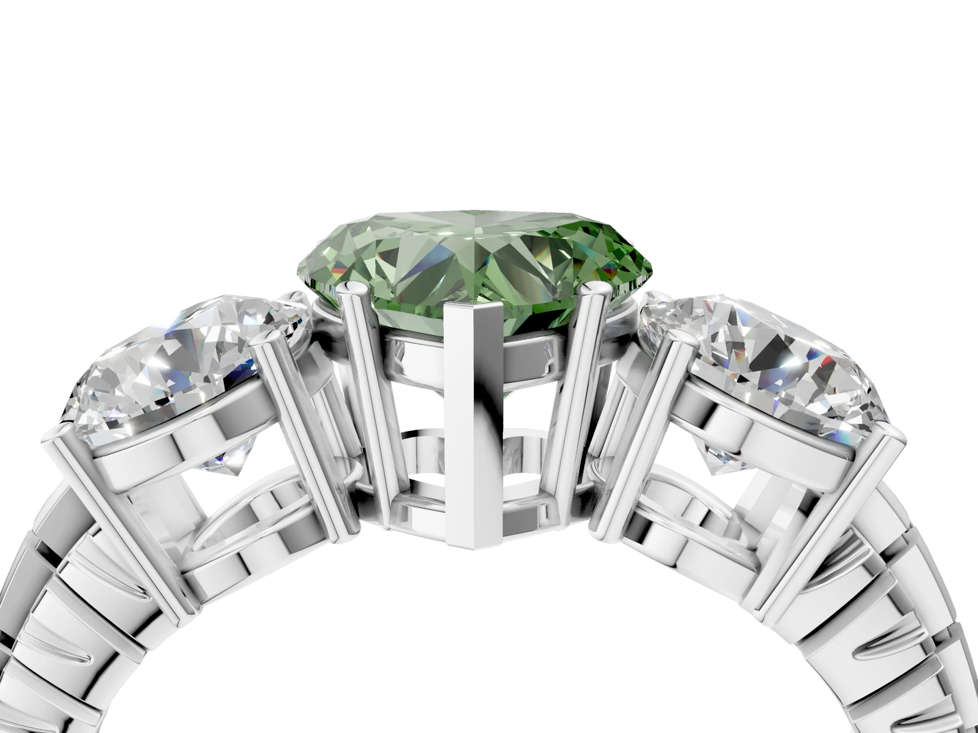 White gold Three-Stone Fancy Green Heart Cut Cut Diamond Ring with Channel-Set Band and Prong Setting_4