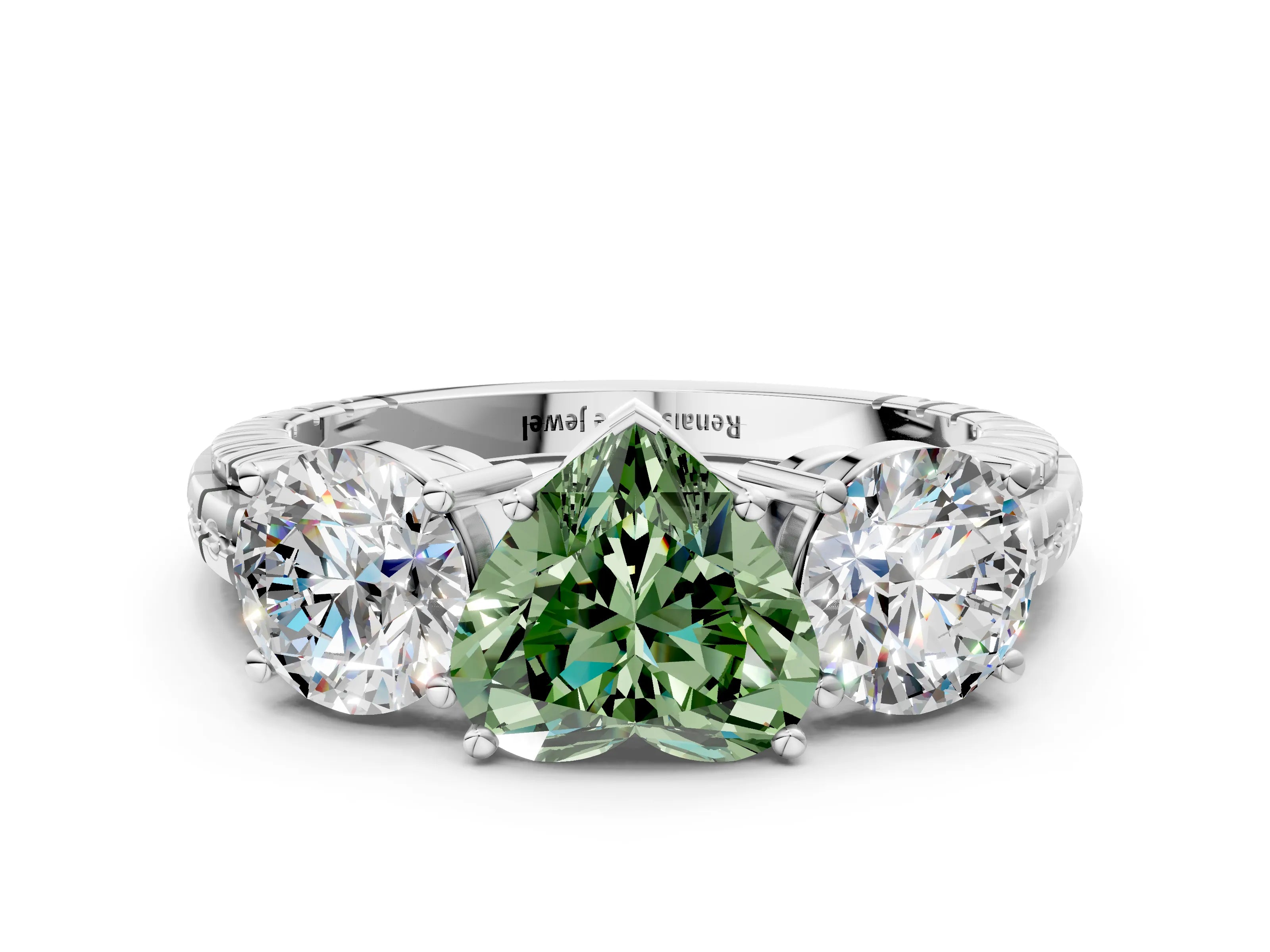 White gold Three-Stone Fancy Green Heart Cut Cut Diamond Ring with Channel-Set Band and Prong Setting