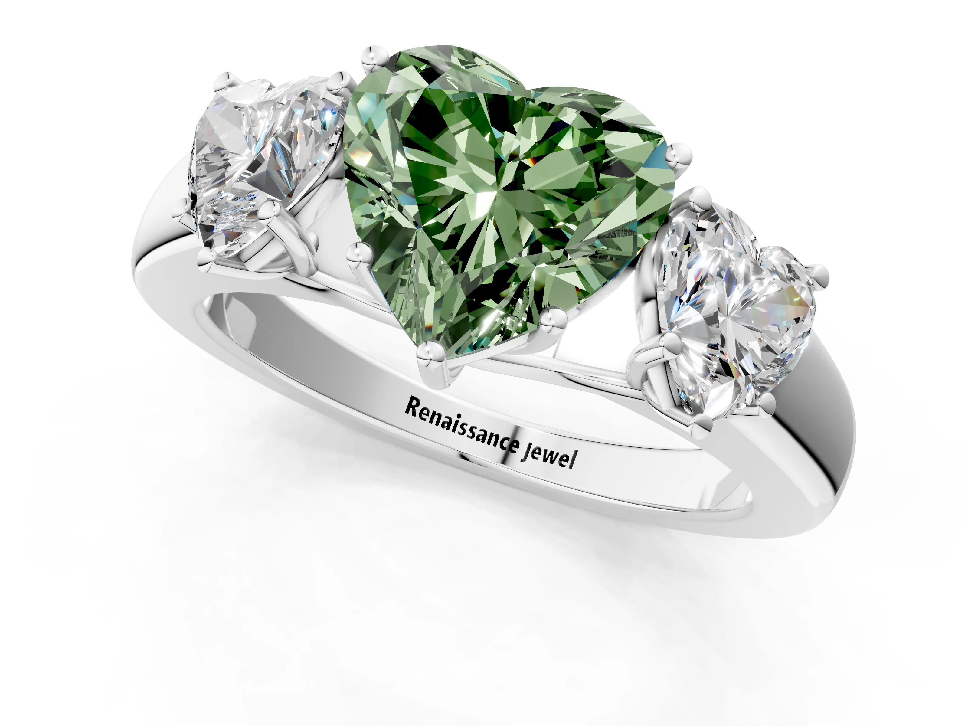 White gold Three-Stone Fancy Green Heart Cut Cut Diamond Ring with Prong Setting and Classic Band_1