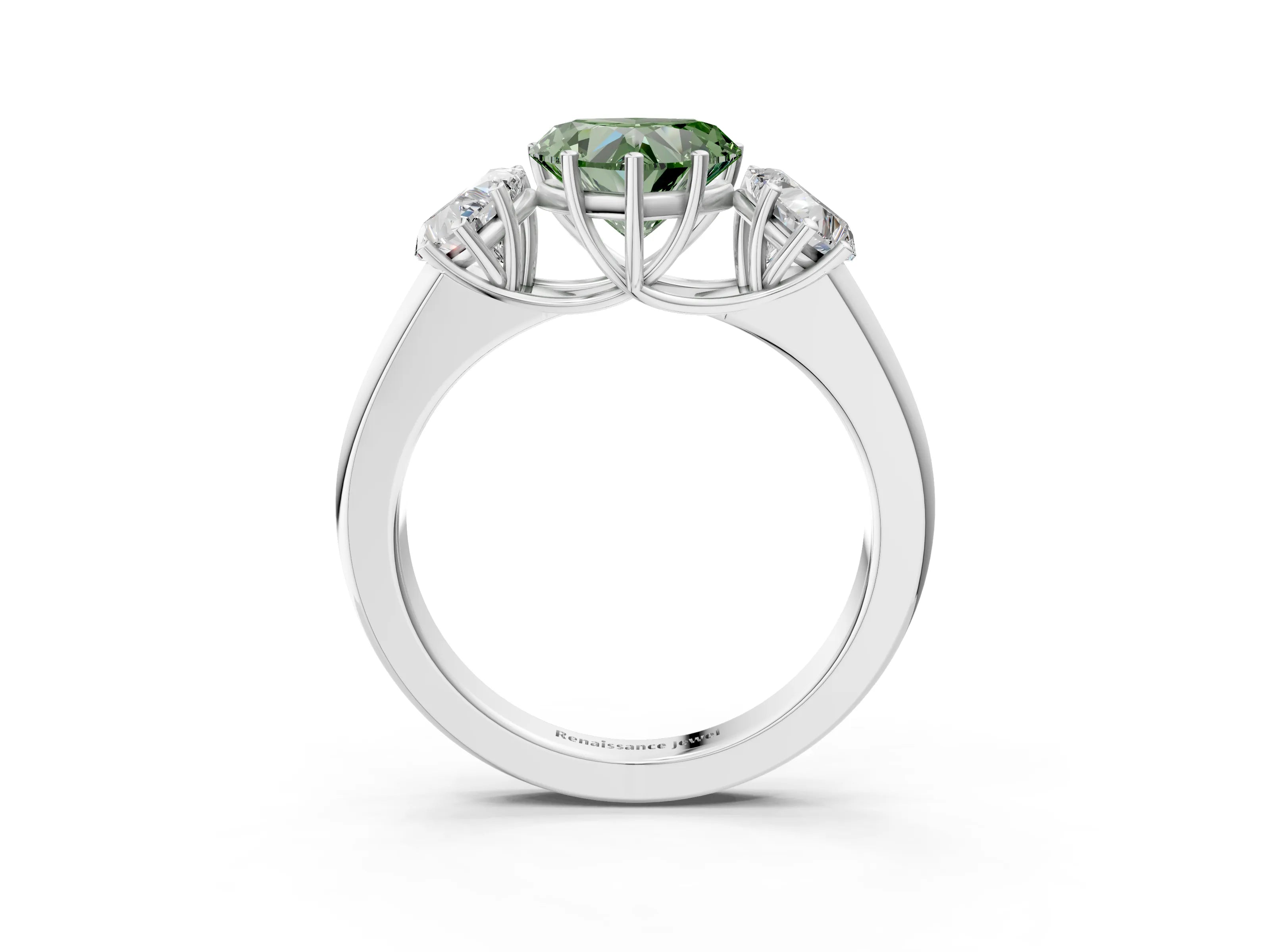 White gold Three-Stone Fancy Green Heart Cut Cut Diamond Ring with Prong Setting and Classic Band_3