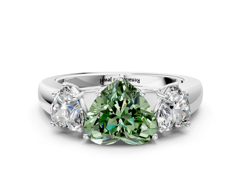 White gold Three-Stone Fancy Green Heart Cut Cut Diamond Ring with Prong Setting and Classic Band