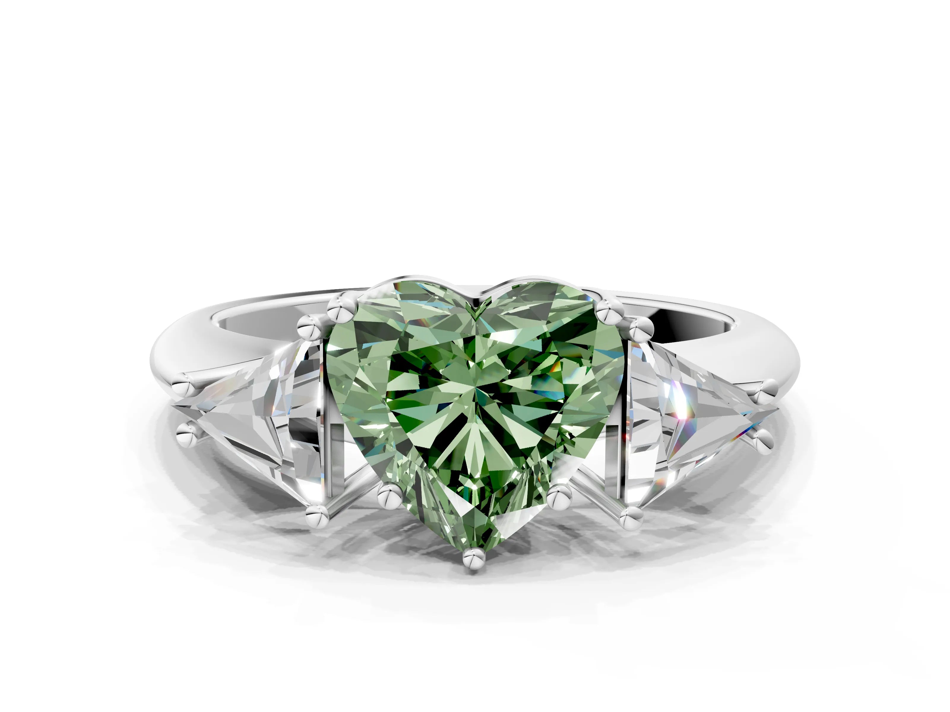 White gold Three-Stone Fancy Green Heart Cut Cut Diamond Ring with Trillion Side Stones and Four-Prong Setting_11