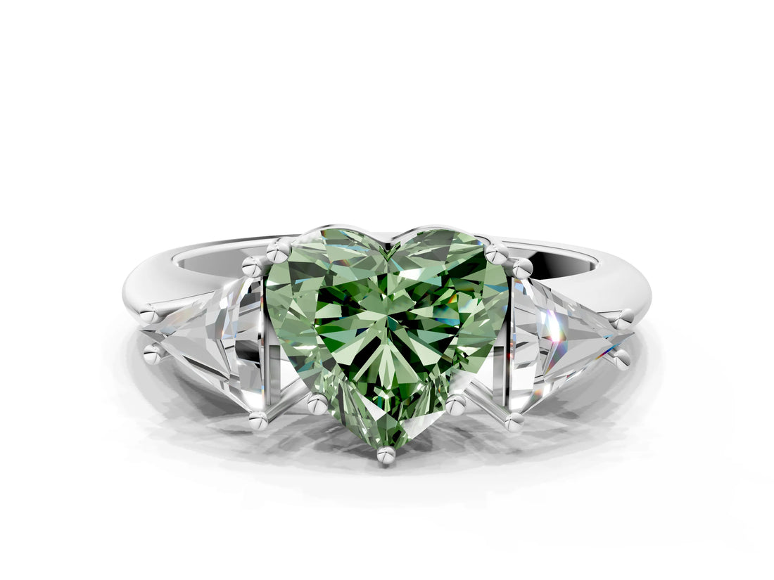White gold Three-Stone Fancy Green Heart Cut Cut Diamond Ring with Trillion Side Stones and Four-Prong Setting_11