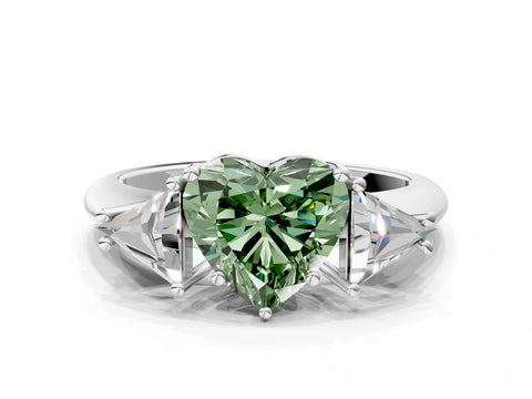 White gold Three-Stone Fancy Green Heart Cut Cut Diamond Ring with Trillion Side Stones and Four-Prong Setting_11