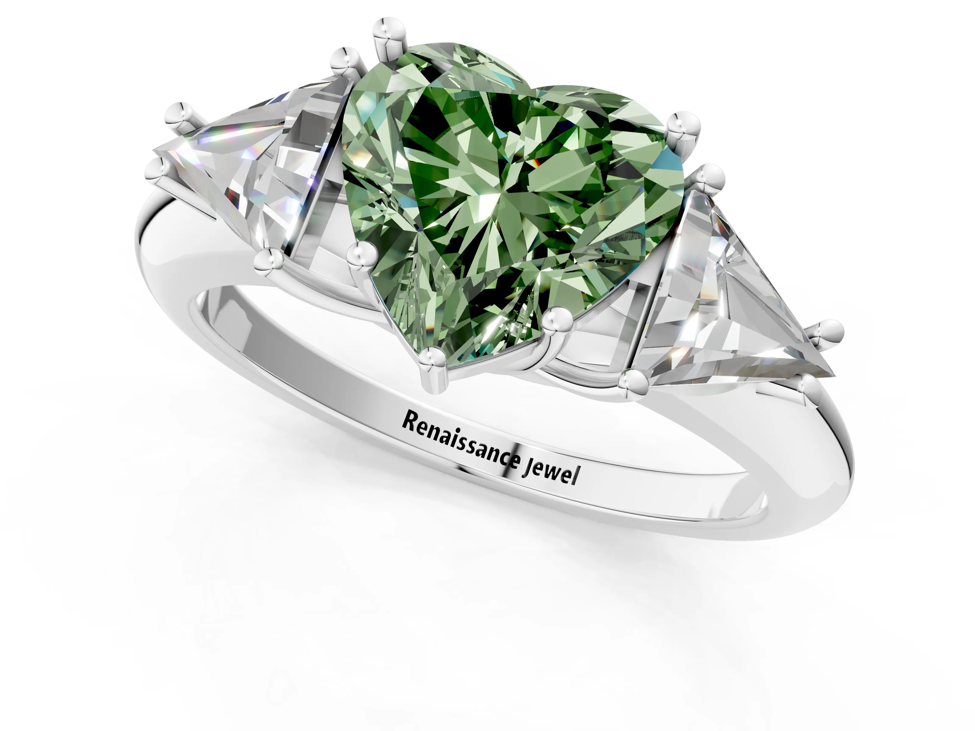 White gold Three-Stone Fancy Green Heart Cut Cut Diamond Ring with Trillion Side Stones and Four-Prong Setting_12