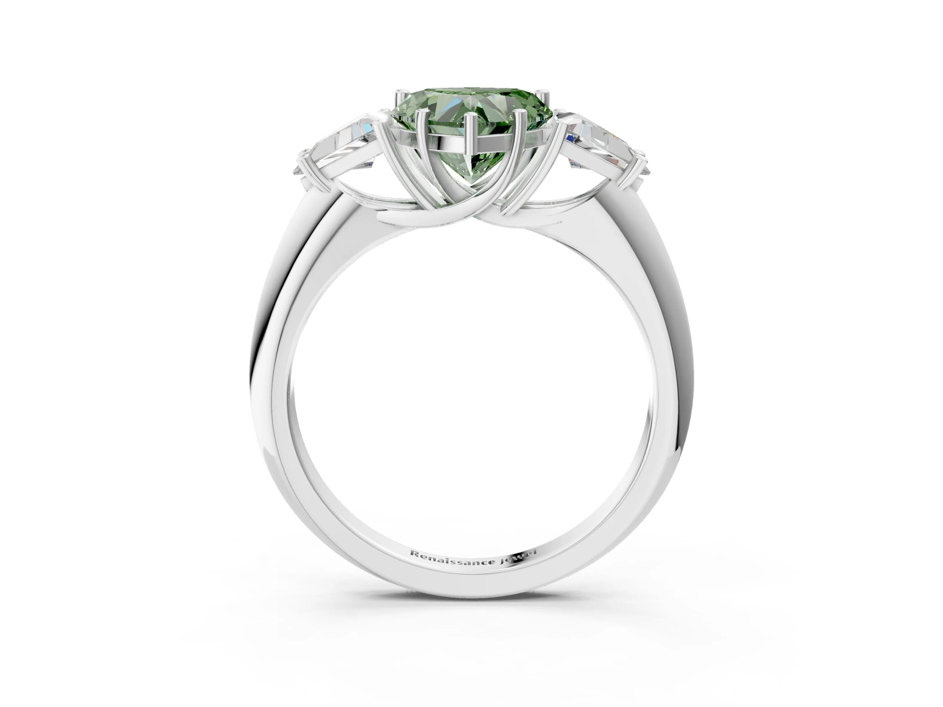 White gold Three-Stone Fancy Green Heart Cut Cut Diamond Ring with Trillion Side Stones and Four-Prong Setting_14