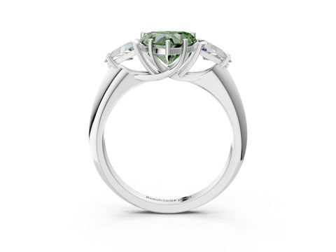 White gold Three-Stone Fancy Green Heart Cut Cut Diamond Ring with Trillion Side Stones and Four-Prong Setting_14