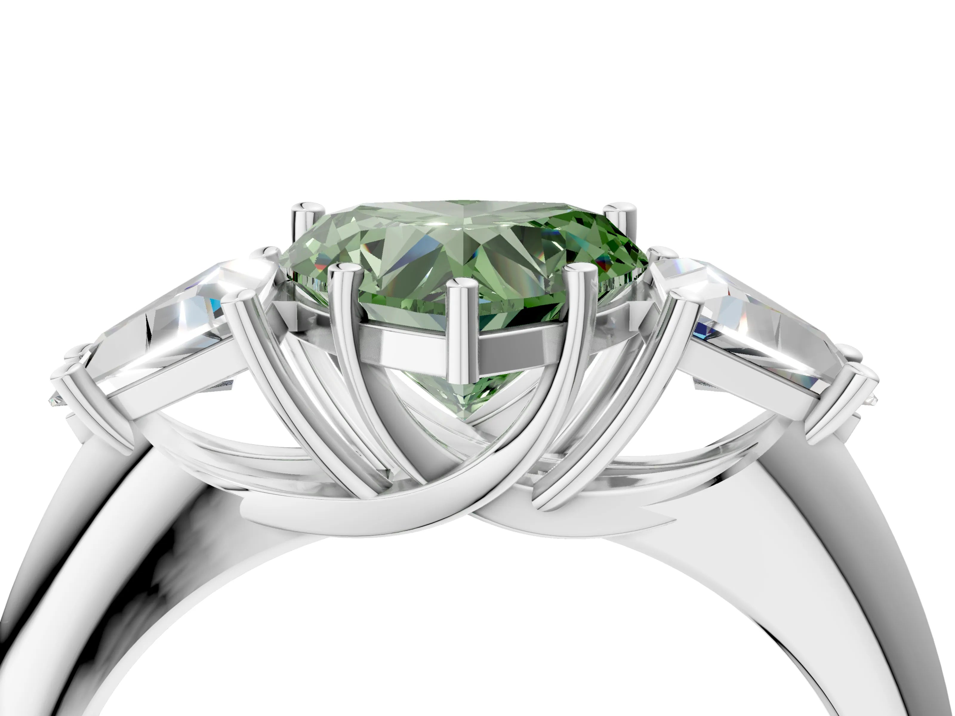 White gold Three-Stone Fancy Green Heart Cut Cut Diamond Ring with Trillion Side Stones and Four-Prong Setting_15