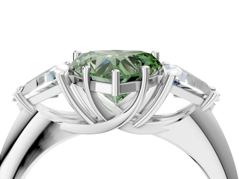 White gold Three-Stone Fancy Green Heart Cut Cut Diamond Ring with Trillion Side Stones and Four-Prong Setting_15