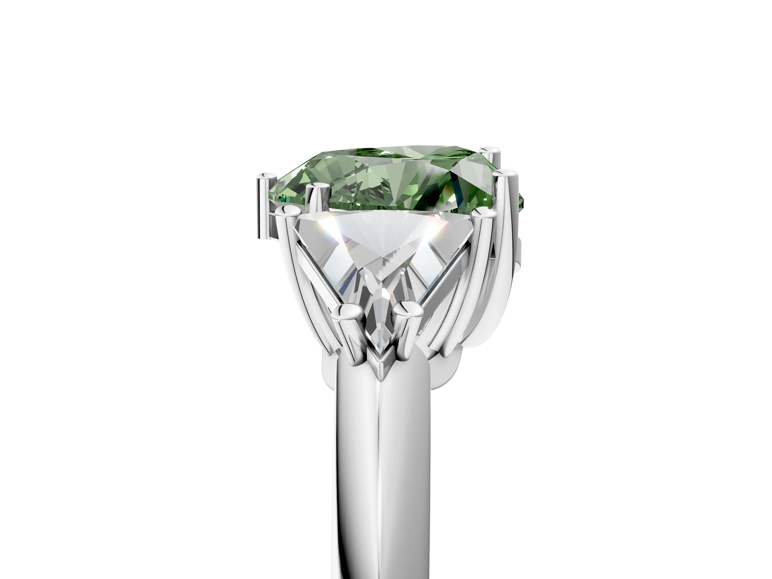 White gold Three-Stone Fancy Green Heart Cut Cut Diamond Ring with Trillion Side Stones and Four-Prong Setting_16