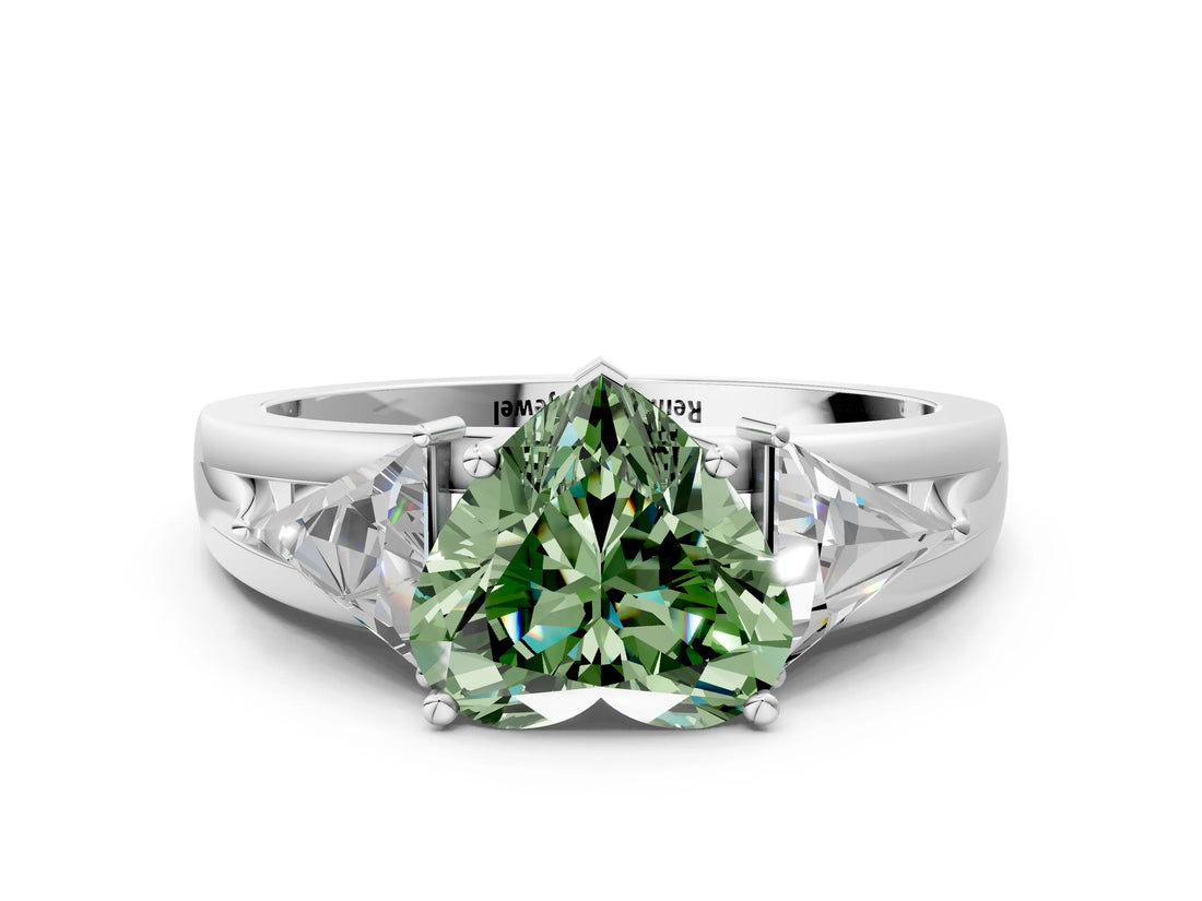 White gold Three-Stone Fancy Green Heart Cut Cut Diamond Ring with Trillion Side Stones on a Split Shank Band_30